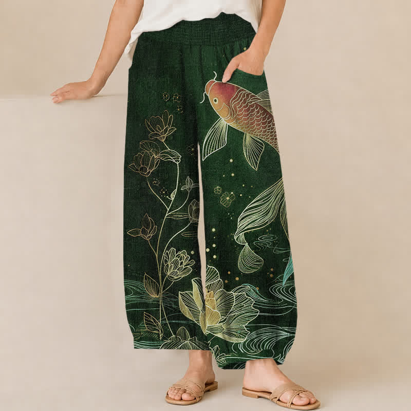 Buddha Stones Pantaloni harem da donna in cotone rosso con motivo a onde di pesci koi e loto, plissettati e vita elasticizzata, con tasche. - Verde scuro - US16, UK/AU20, EU48 (3XL) - image 6
