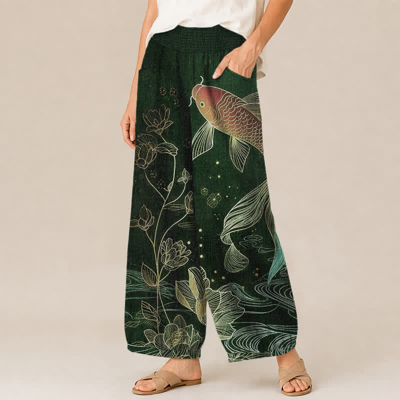 Buddha Stones Pantaloni harem da donna in cotone rosso con motivo a onde di pesci koi e loto, plissettati e vita elasticizzata, con tasche. - image 7