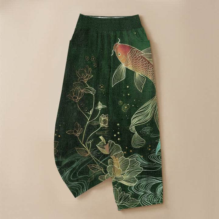 Buddha Stones Pantaloni harem da donna in cotone rosso con motivo a onde di pesci koi e loto, plissettati e vita elasticizzata, con tasche. - image 9