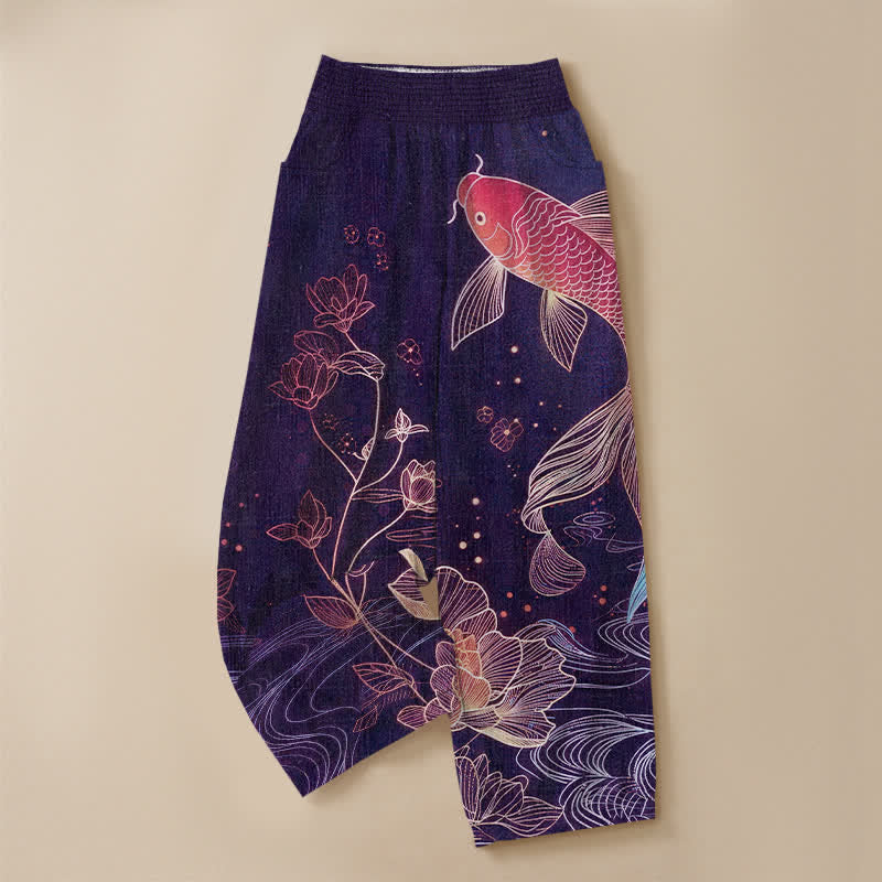 Buddha Stones Pantaloni harem da donna in cotone rosso con motivo a onde di pesci koi e loto, plissettati e vita elasticizzata, con tasche. - image 13