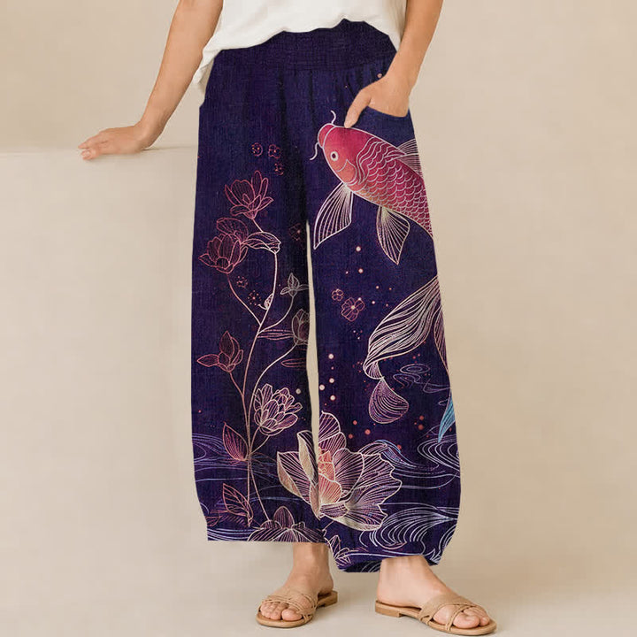 Buddha Stones Pantaloni harem da donna in cotone rosso con motivo a onde di pesci koi e loto, plissettati e vita elasticizzata, con tasche. - Indaco - US16, UK/AU20, EU48 (3XL) - image 10