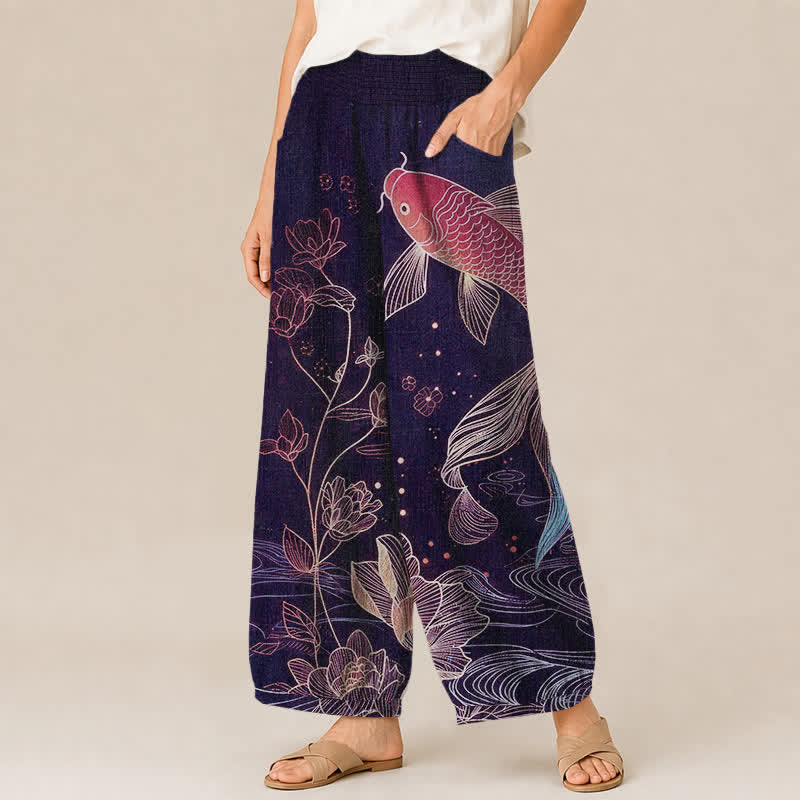 Buddha Stones Pantaloni harem da donna in cotone rosso con motivo a onde di pesci koi e loto, plissettati e vita elasticizzata, con tasche. - image 11