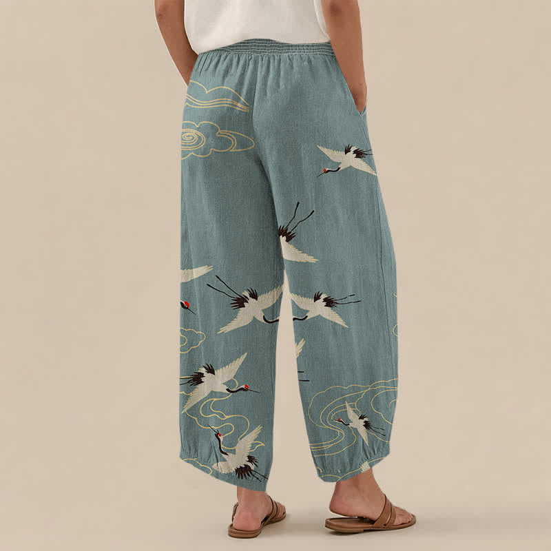 Buddha Stones Pantaloni harem da donna in cotone con motivo a gru e nuvole bianche, plissettati e vita elasticizzata, con tasche. - image 2