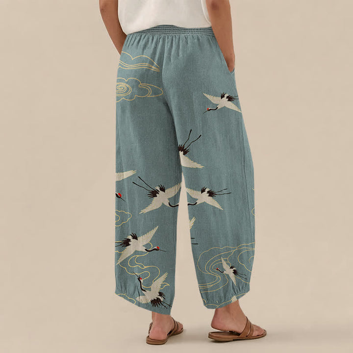 Buddha Stones Pantaloni harem da donna in cotone con motivo a gru e nuvole bianche, plissettati e vita elasticizzata, con tasche. - image 2