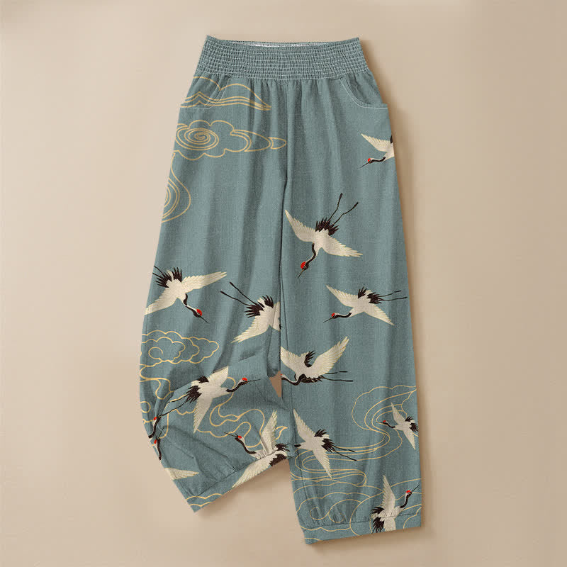 Buddha Stones Pantaloni harem da donna in cotone con motivo a gru e nuvole bianche, plissettati e vita elasticizzata, con tasche. - image 3