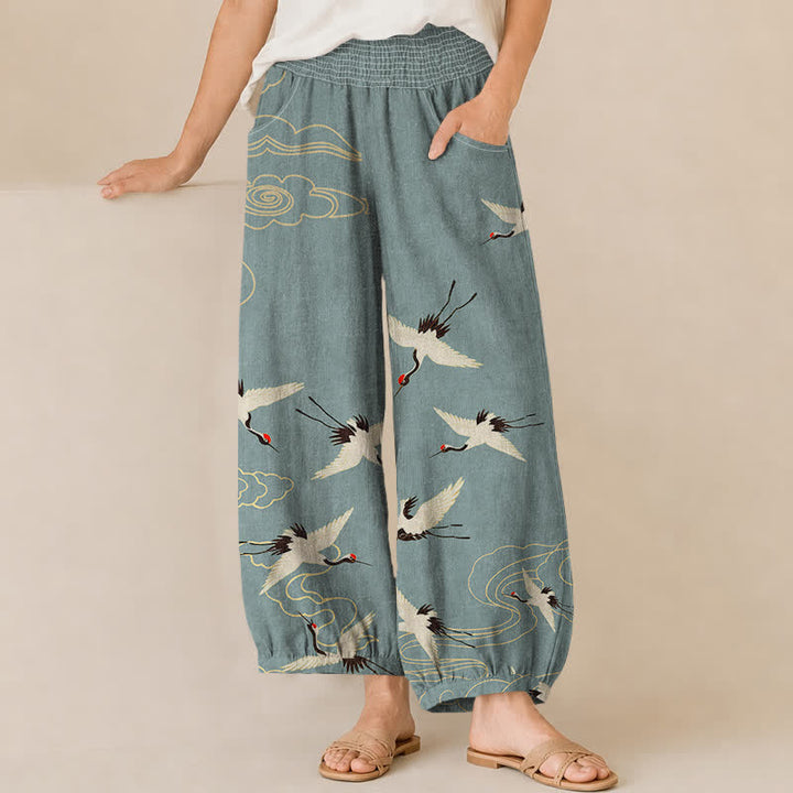 Buddha Stones Pantaloni harem da donna in cotone con motivo a gru e nuvole bianche, plissettati e vita elasticizzata, con tasche. - Cadetto Blu - US16, UK/AU20, EU48 (3XL) - image 0