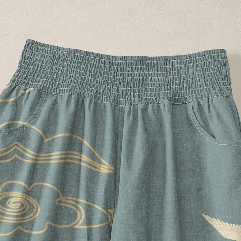 Buddha Stones Pantaloni harem da donna in cotone con motivo a gru e nuvole bianche, plissettati e vita elasticizzata, con tasche. - image 4