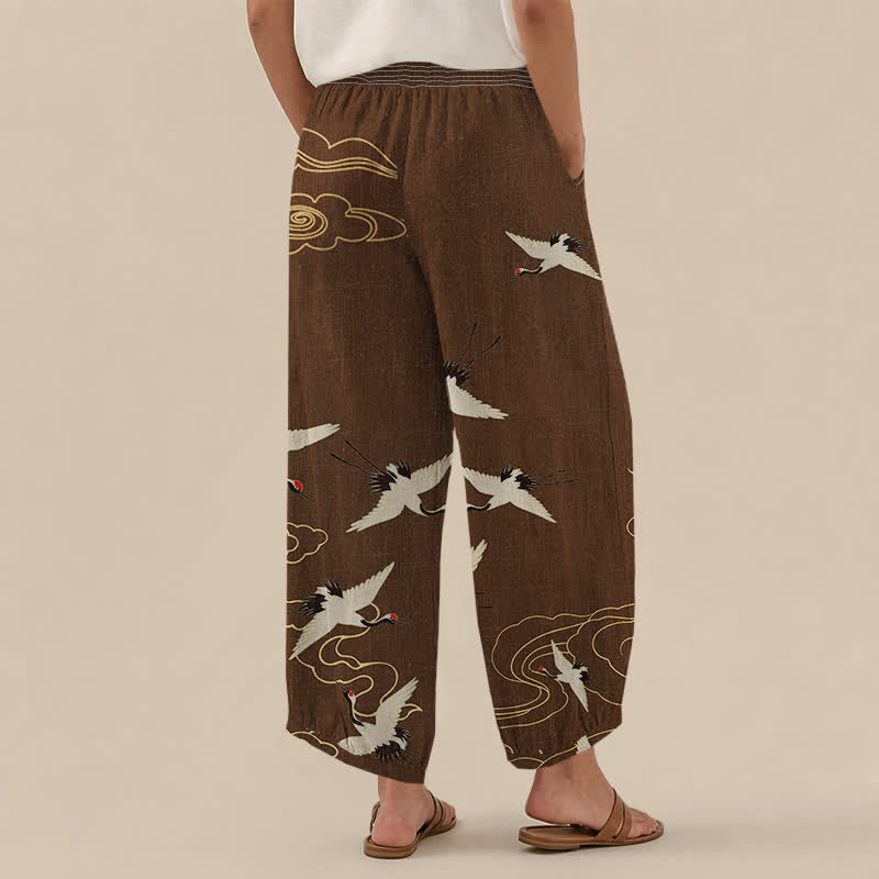 Buddha Stones Pantaloni harem da donna in cotone con motivo a gru e nuvole bianche, plissettati e vita elasticizzata, con tasche. - image 8