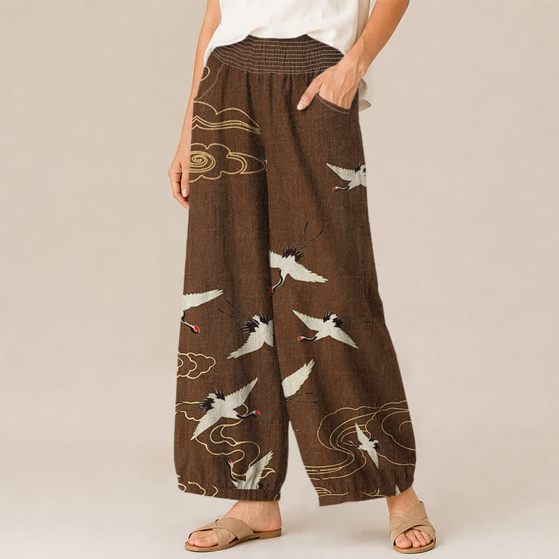 Buddha Stones Pantaloni harem da donna in cotone con motivo a gru e nuvole bianche, plissettati e vita elasticizzata, con tasche. - image 7