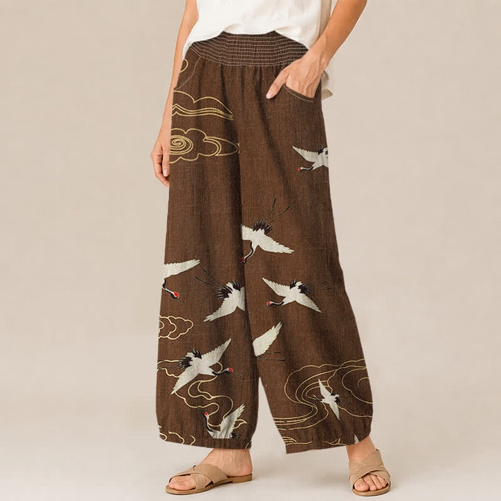 Buddha Stones Pantaloni harem da donna in cotone con motivo a gru e nuvole bianche, plissettati e vita elasticizzata, con tasche. - image 7