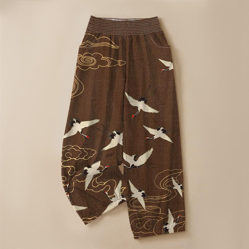 Buddha Stones Pantaloni harem da donna in cotone con motivo a gru e nuvole bianche, plissettati e vita elasticizzata, con tasche. - image 9