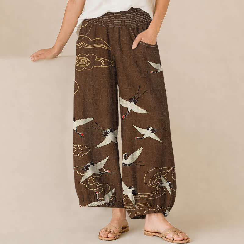 Buddha Stones Pantaloni harem da donna in cotone con motivo a gru e nuvole bianche, plissettati e vita elasticizzata, con tasche. - Marrone sella - US16, UK/AU20, EU48 (3XL) - image 6