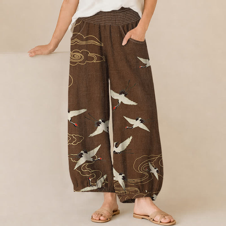 Buddha Stones Pantaloni harem da donna in cotone con motivo a gru e nuvole bianche, plissettati e vita elasticizzata, con tasche. - Marrone sella - US16, UK/AU20, EU48 (3XL) - image 6