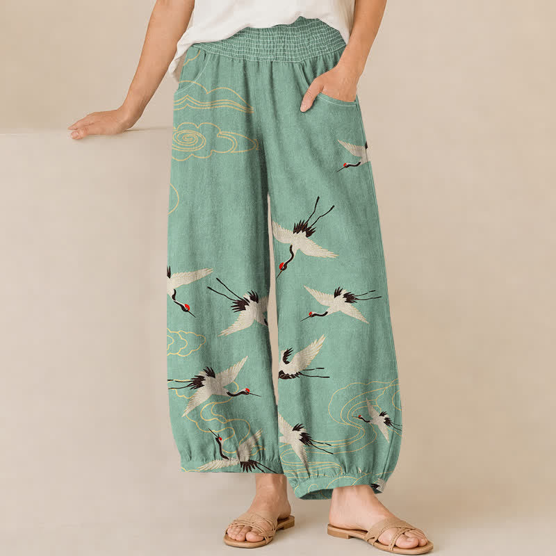 Buddha Stones Pantaloni harem da donna in cotone con motivo a gru e nuvole bianche, plissettati e vita elasticizzata, con tasche. - Acquamarina media - US16, UK/AU20, EU48 (3XL) - image 10