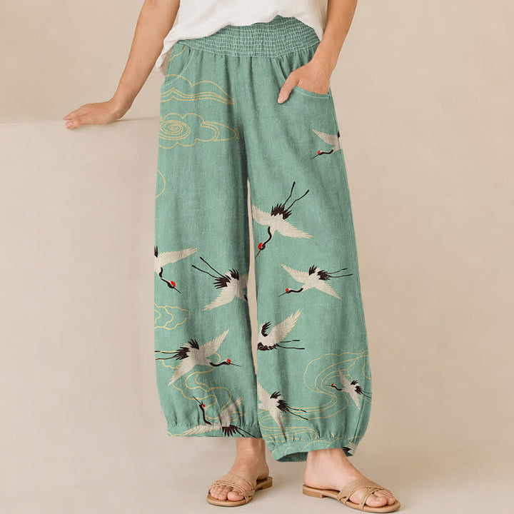 Buddha Stones Pantaloni harem da donna in cotone con motivo a gru e nuvole bianche, plissettati e vita elasticizzata, con tasche. - Acquamarina media - US16, UK/AU20, EU48 (3XL) - image 10