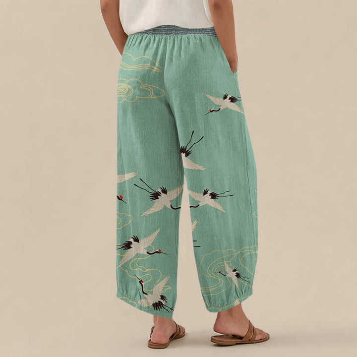 Buddha Stones Pantaloni harem da donna in cotone con motivo a gru e nuvole bianche, plissettati e vita elasticizzata, con tasche. - image 12