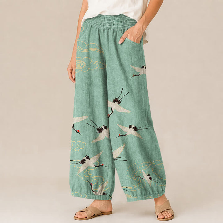 Buddha Stones Pantaloni harem da donna in cotone con motivo a gru e nuvole bianche, plissettati e vita elasticizzata, con tasche. - image 11