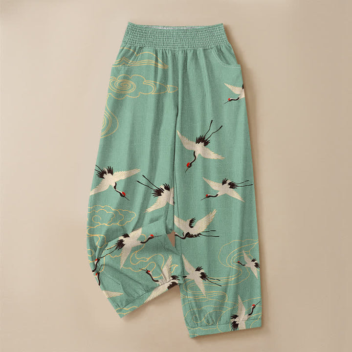 Buddha Stones Pantaloni harem da donna in cotone con motivo a gru e nuvole bianche, plissettati e vita elasticizzata, con tasche. - image 13