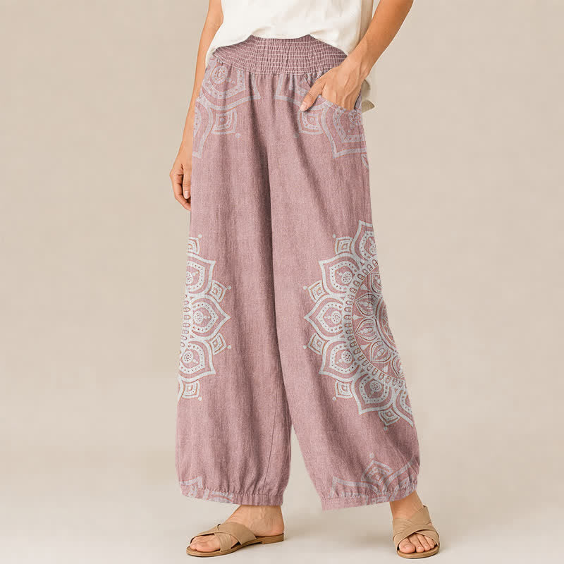 Buddha Stones Pantaloni harem da donna in cotone stile bohémien, bianchi, con stampa floreale mandala, pieghe e vita elasticizzata, con tasche. - image 1