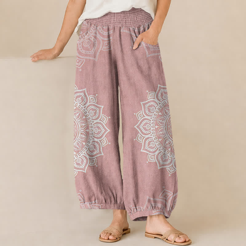 Buddha Stones Pantaloni harem da donna in cotone stile bohémien, bianchi, con stampa floreale mandala, pieghe e vita elasticizzata, con tasche. - Rosa chiaro - US16, UK/AU20, EU48 (3XL) - image 0