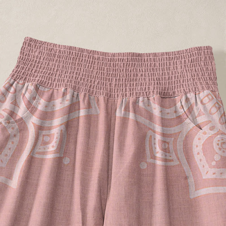 Buddha Stones Pantaloni harem da donna in cotone stile bohémien, bianchi, con stampa floreale mandala, pieghe e vita elasticizzata, con tasche. - image 4