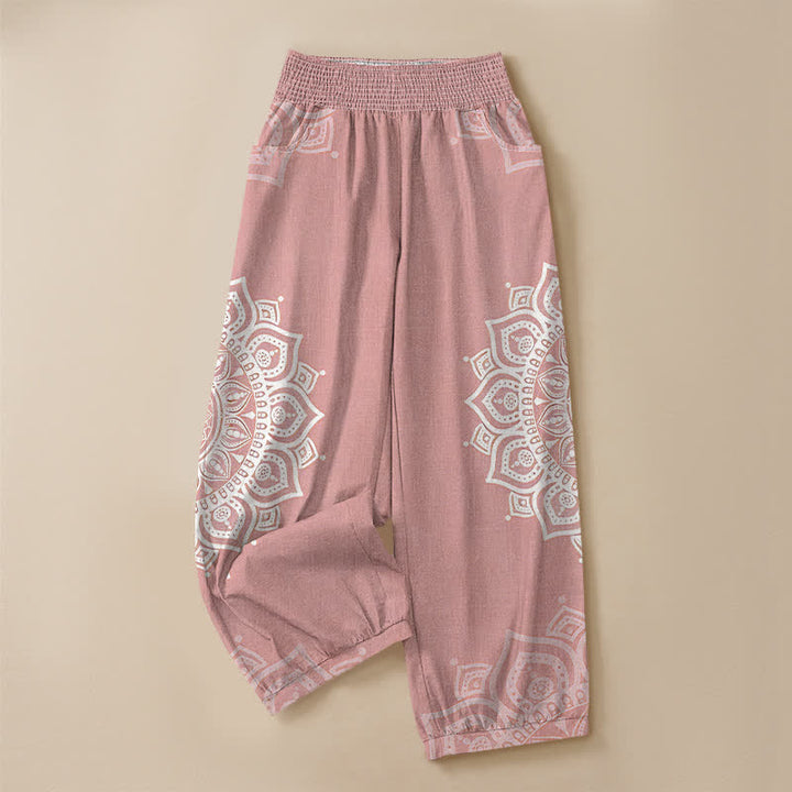 Buddha Stones Pantaloni harem da donna in cotone stile bohémien, bianchi, con stampa floreale mandala, pieghe e vita elasticizzata, con tasche. - image 3