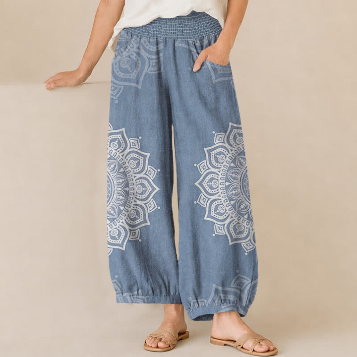 Buddha Stones Pantaloni harem da donna in cotone stile bohémien, bianchi, con stampa floreale mandala, pieghe e vita elasticizzata, con tasche. - SteelBlue - US16, UK/AU20, EU48 (3XL) - image 6