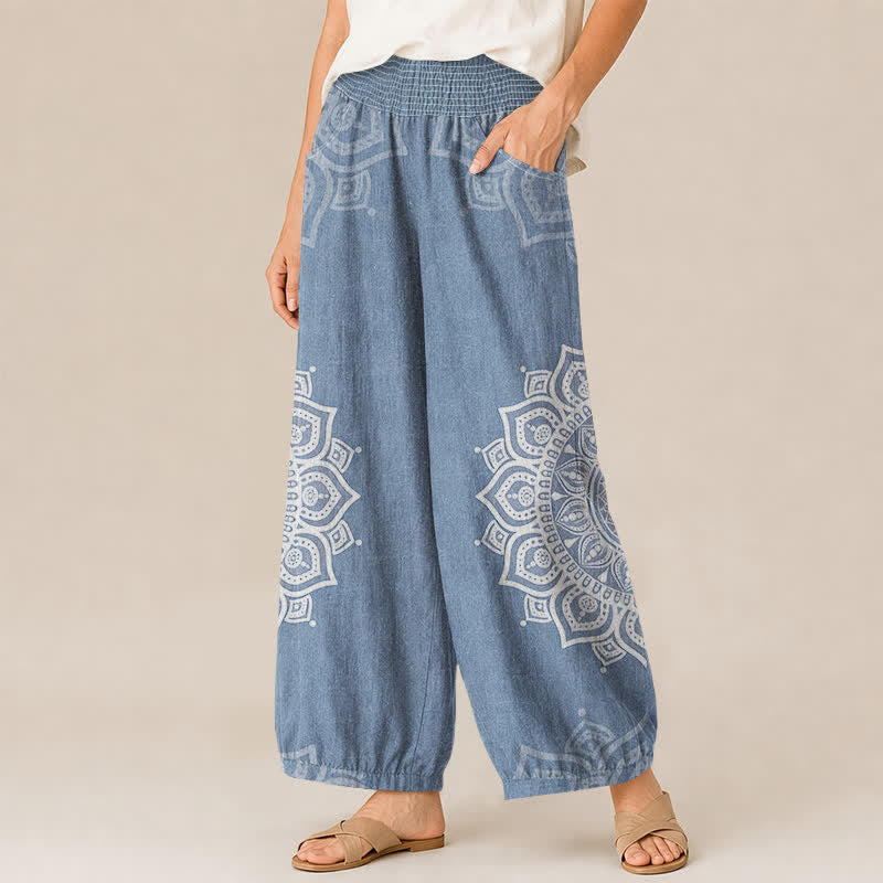 Buddha Stones Pantaloni harem da donna in cotone stile bohémien, bianchi, con stampa floreale mandala, pieghe e vita elasticizzata, con tasche. - image 7
