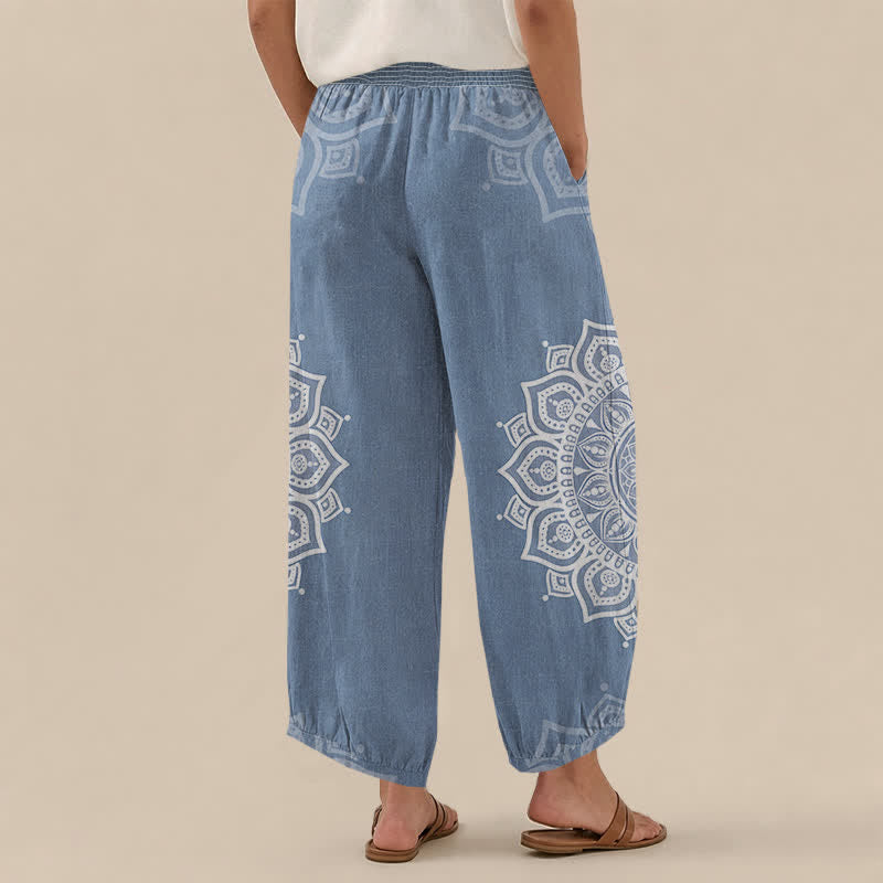 Buddha Stones Pantaloni harem da donna in cotone stile bohémien, bianchi, con stampa floreale mandala, pieghe e vita elasticizzata, con tasche. - image 8