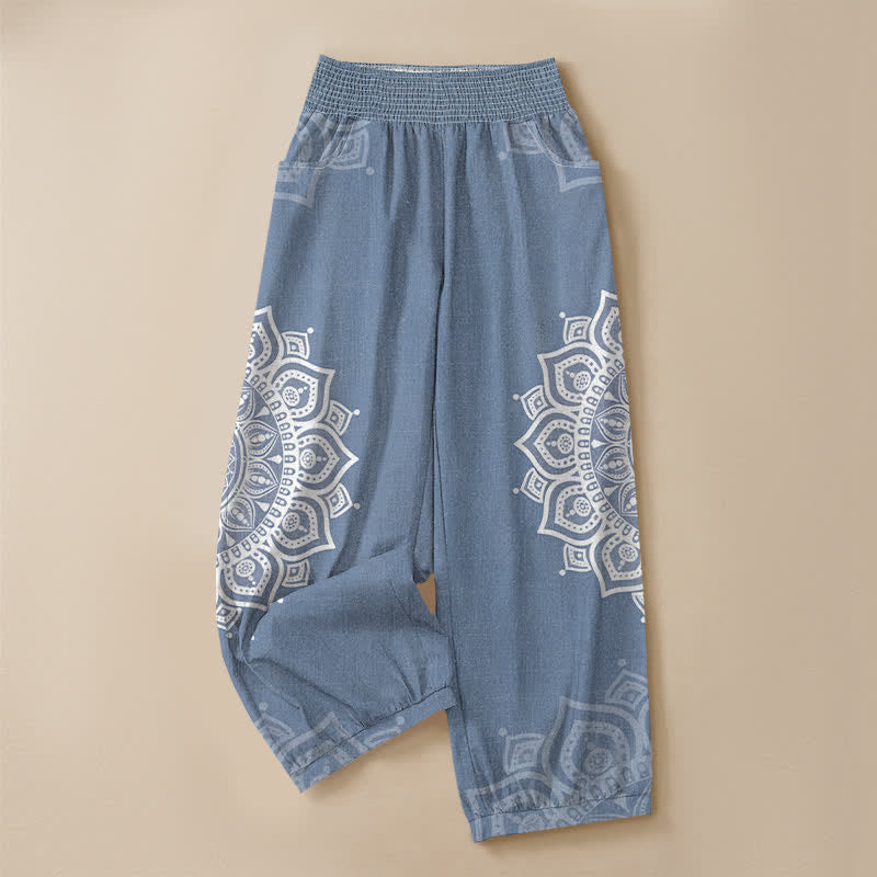 Buddha Stones Pantaloni harem da donna in cotone stile bohémien, bianchi, con stampa floreale mandala, pieghe e vita elasticizzata, con tasche. - image 9