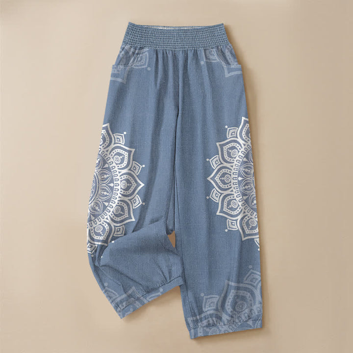 Buddha Stones Pantaloni harem da donna in cotone stile bohémien, bianchi, con stampa floreale mandala, pieghe e vita elasticizzata, con tasche. - image 9