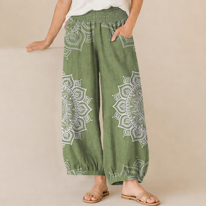 Buddha Stones Pantaloni harem da donna in cotone stile bohémien, bianchi, con stampa floreale mandala, pieghe e vita elasticizzata, con tasche. - Verde oliva - US16, UK/AU20, EU48 (3XL) - image 10