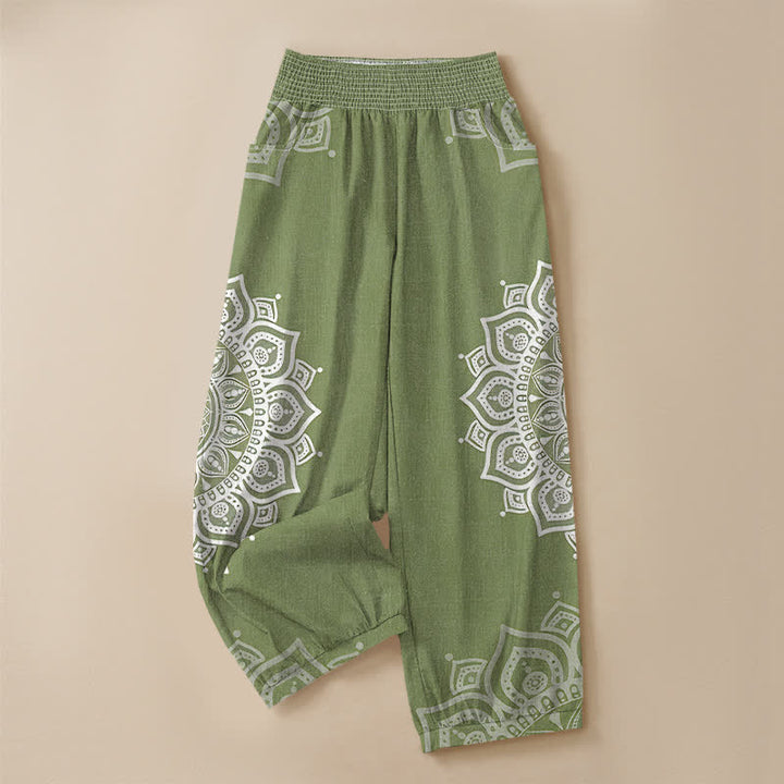 Buddha Stones Pantaloni harem da donna in cotone stile bohémien, bianchi, con stampa floreale mandala, pieghe e vita elasticizzata, con tasche. - image 13
