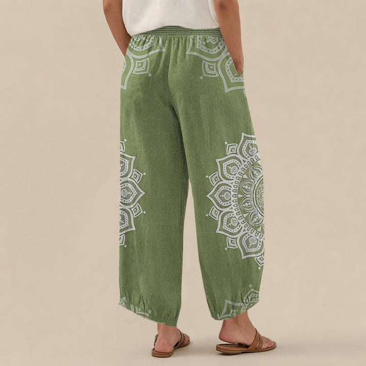 Buddha Stones Pantaloni harem da donna in cotone stile bohémien, bianchi, con stampa floreale mandala, pieghe e vita elasticizzata, con tasche. - image 12