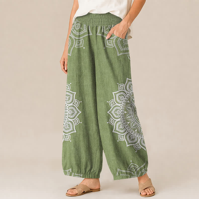 Buddha Stones Pantaloni harem da donna in cotone stile bohémien, bianchi, con stampa floreale mandala, pieghe e vita elasticizzata, con tasche. - image 11