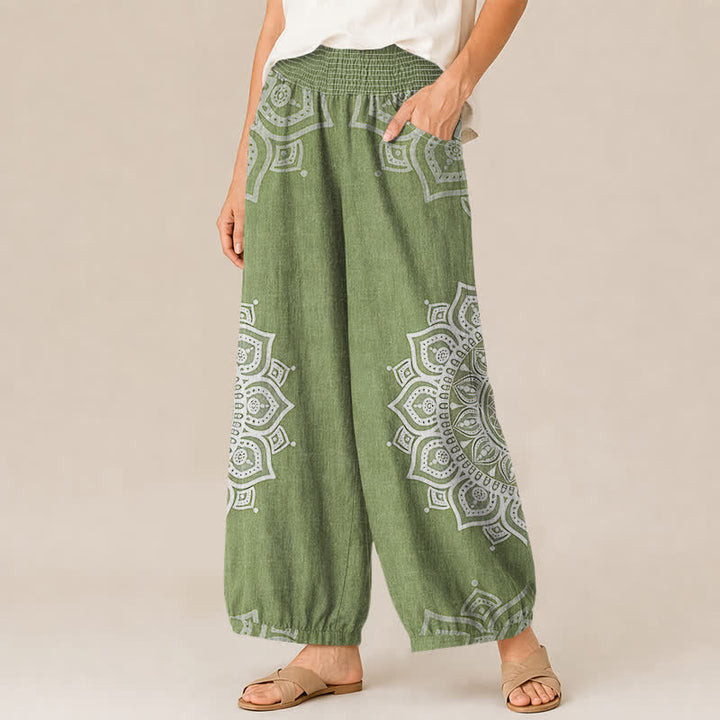 Buddha Stones Pantaloni harem da donna in cotone stile bohémien, bianchi, con stampa floreale mandala, pieghe e vita elasticizzata, con tasche. - image 11