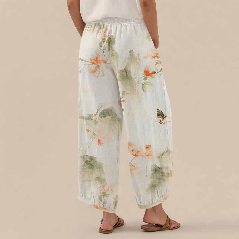 Buddha Stones Pantaloni harem da donna in cotone con stampa floreale ad acquerello e farfalle, plissettati e vita elasticizzata, con tasche. - image 2