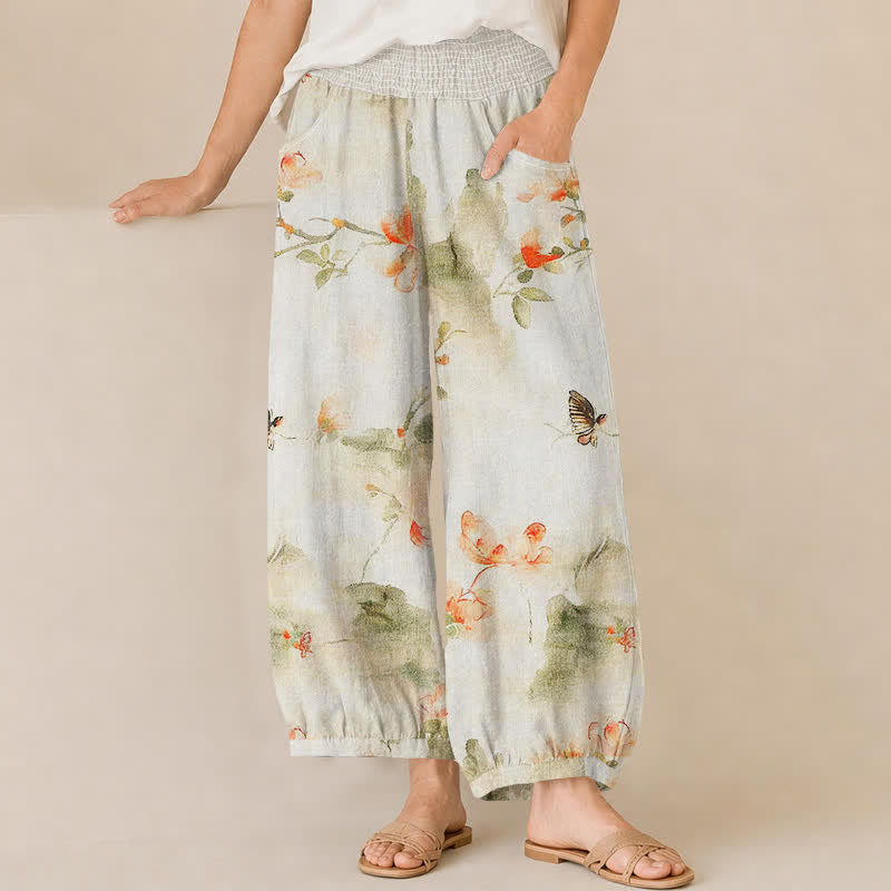 Buddha Stones Pantaloni harem da donna in cotone con stampa floreale ad acquerello e farfalle, plissettati e vita elasticizzata, con tasche. - Avorio - US16, UK/AU20, EU48 (3XL) - image 0