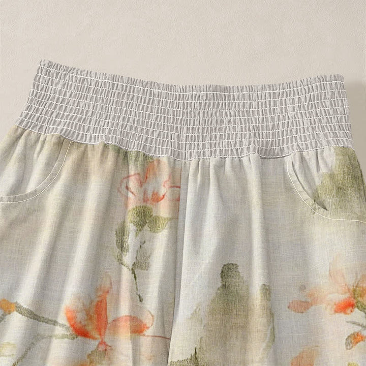 Buddha Stones Pantaloni harem da donna in cotone con stampa floreale ad acquerello e farfalle, plissettati e vita elasticizzata, con tasche. - image 4