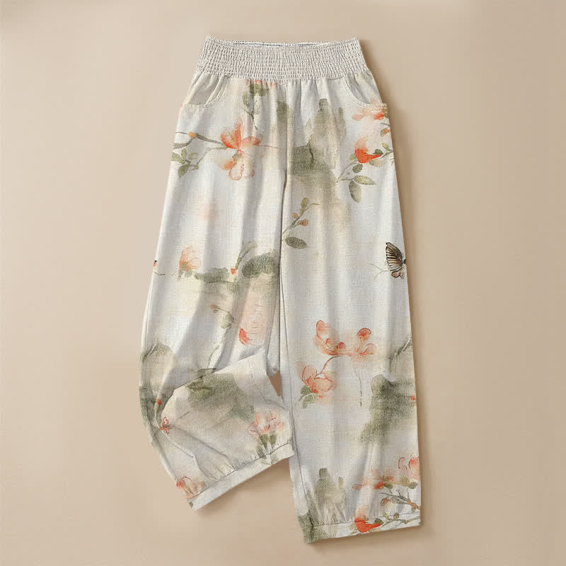 Buddha Stones Pantaloni harem da donna in cotone con stampa floreale ad acquerello e farfalle, plissettati e vita elasticizzata, con tasche. - image 3