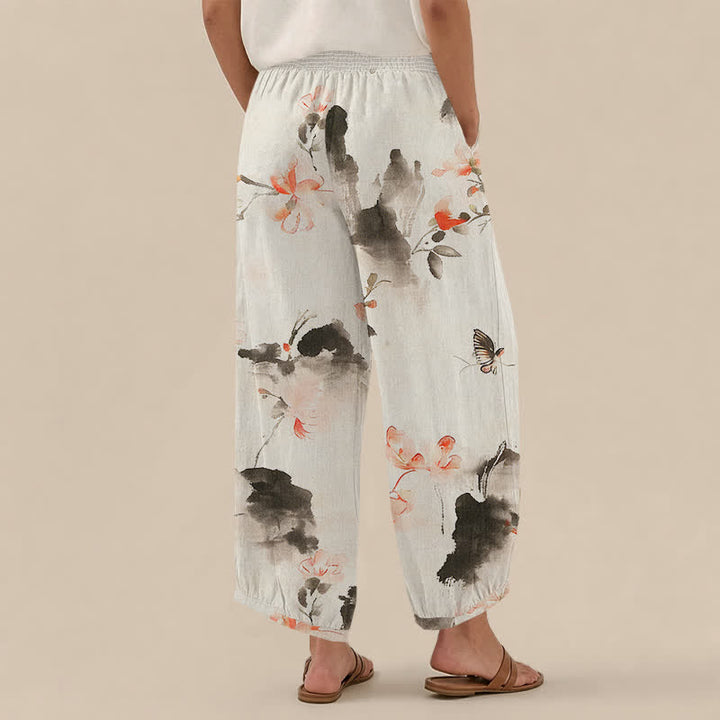 Buddha Stones Pantaloni harem da donna in cotone con stampa floreale ad acquerello e farfalle, plissettati e vita elasticizzata, con tasche. - image 8