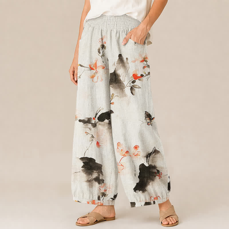 Buddha Stones Pantaloni harem da donna in cotone con stampa floreale ad acquerello e farfalle, plissettati e vita elasticizzata, con tasche. - image 7