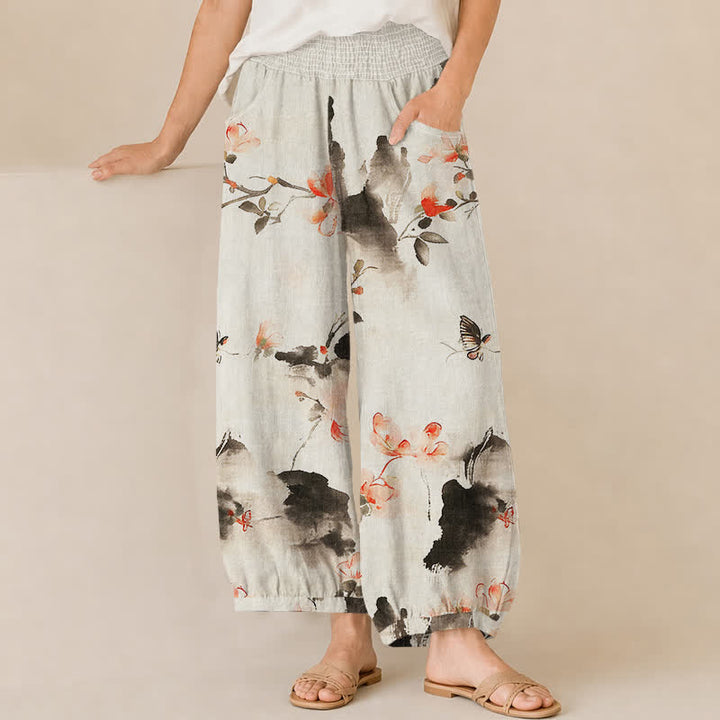 Buddha Stones Pantaloni harem da donna in cotone con stampa floreale ad acquerello e farfalle, plissettati e vita elasticizzata, con tasche. - Biancheria - US16, UK/AU20, EU48 (3XL) - image 6