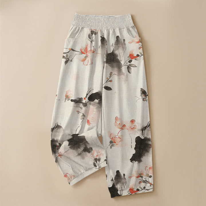 Buddha Stones Pantaloni harem da donna in cotone con stampa floreale ad acquerello e farfalle, plissettati e vita elasticizzata, con tasche. - image 9