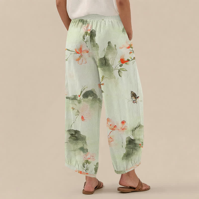 Buddha Stones Pantaloni harem da donna in cotone con stampa floreale ad acquerello e farfalle, plissettati e vita elasticizzata, con tasche. - image 12