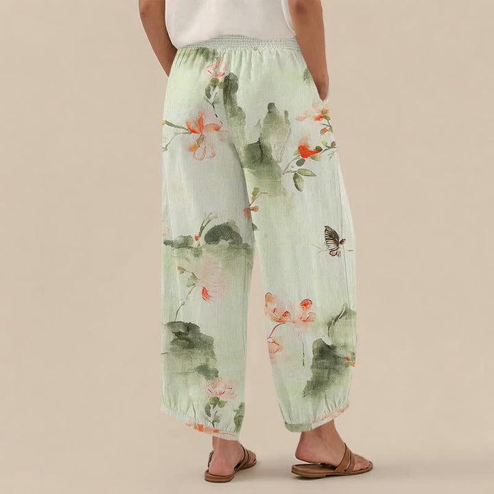 Buddha Stones Pantaloni harem da donna in cotone con stampa floreale ad acquerello e farfalle, plissettati e vita elasticizzata, con tasche. - image 12