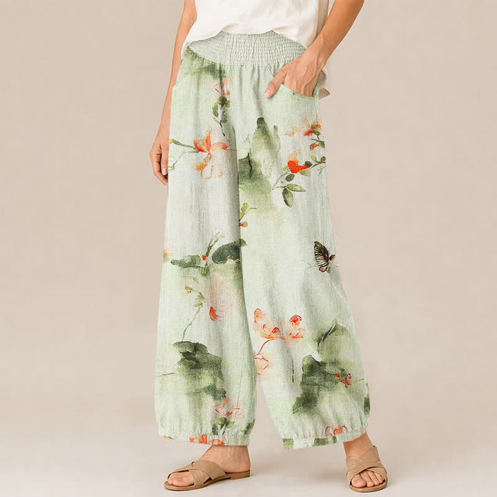 Buddha Stones Pantaloni harem da donna in cotone con stampa floreale ad acquerello e farfalle, plissettati e vita elasticizzata, con tasche. - image 11