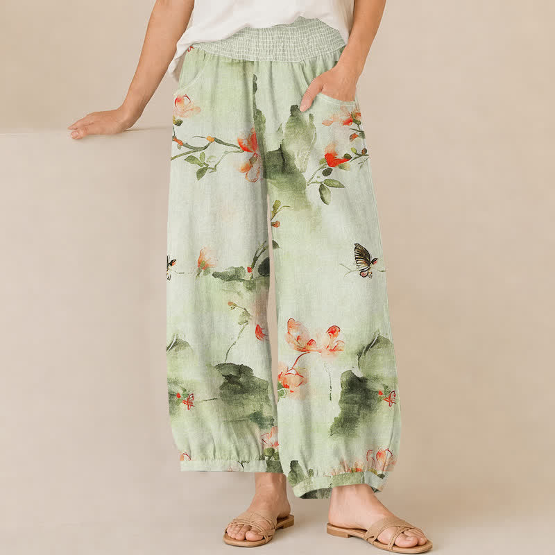 Buddha Stones Pantaloni harem da donna in cotone con stampa floreale ad acquerello e farfalle, plissettati e vita elasticizzata, con tasche. - Melata - US16, UK/AU20, EU48 (3XL) - image 10