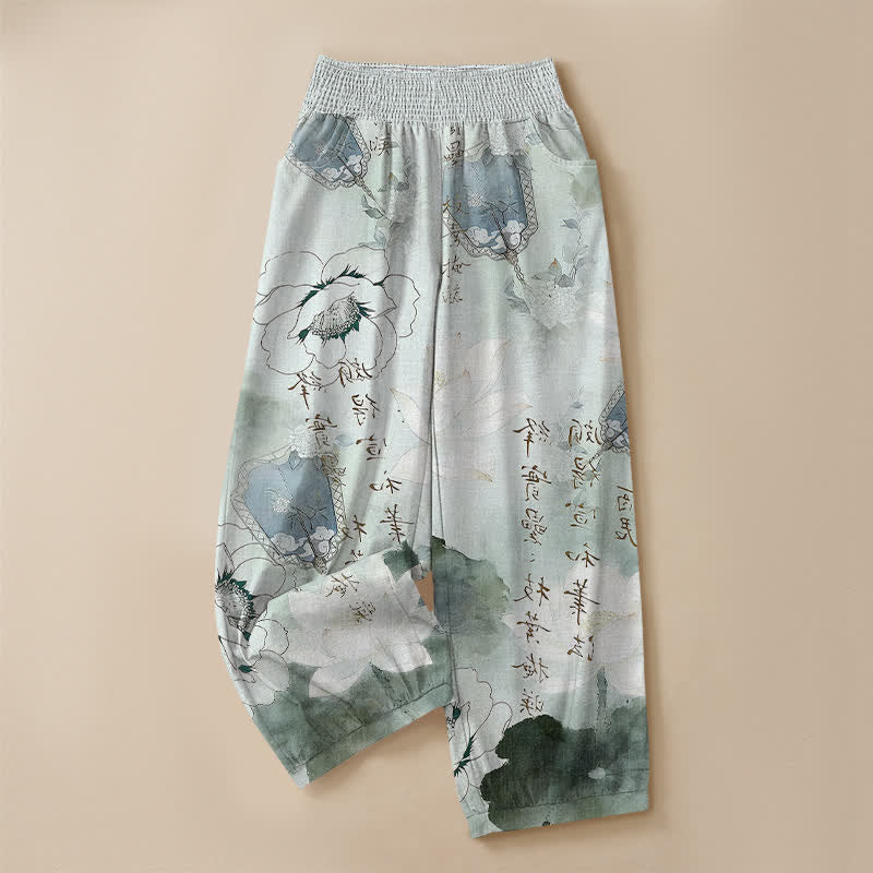 Buddha Stones Pantaloni harem da donna in cotone con motivo floreale acquerellato e calligrafia, vita elasticizzata e pieghe, con tasche. - image 3
