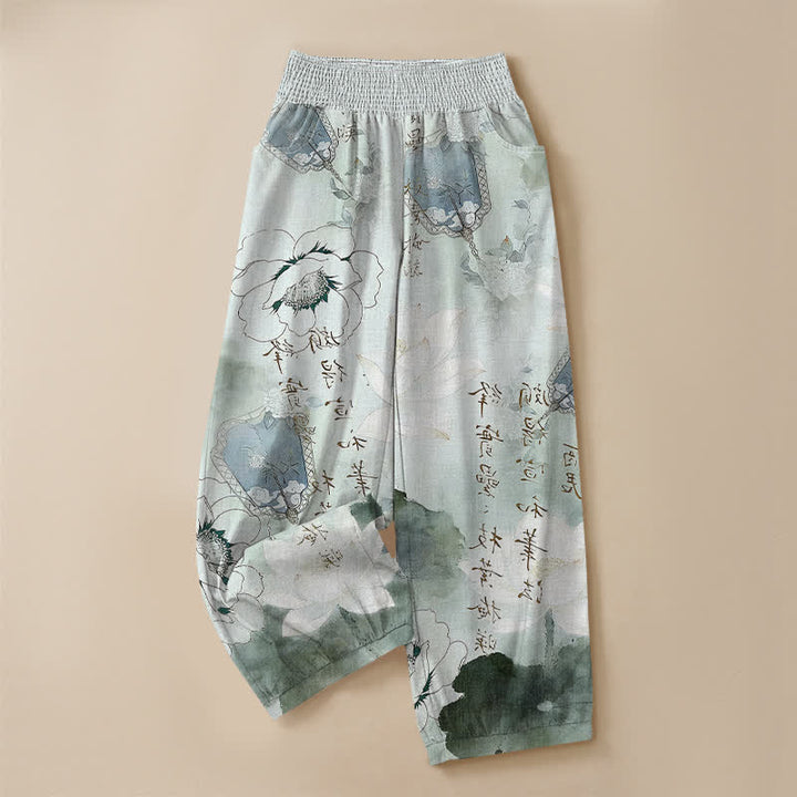 Buddha Stones Pantaloni harem da donna in cotone con motivo floreale acquerellato e calligrafia, vita elasticizzata e pieghe, con tasche. - image 3